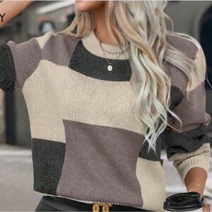 SHEIN Patchwork Knit Sweater - Black, Cream, Gray